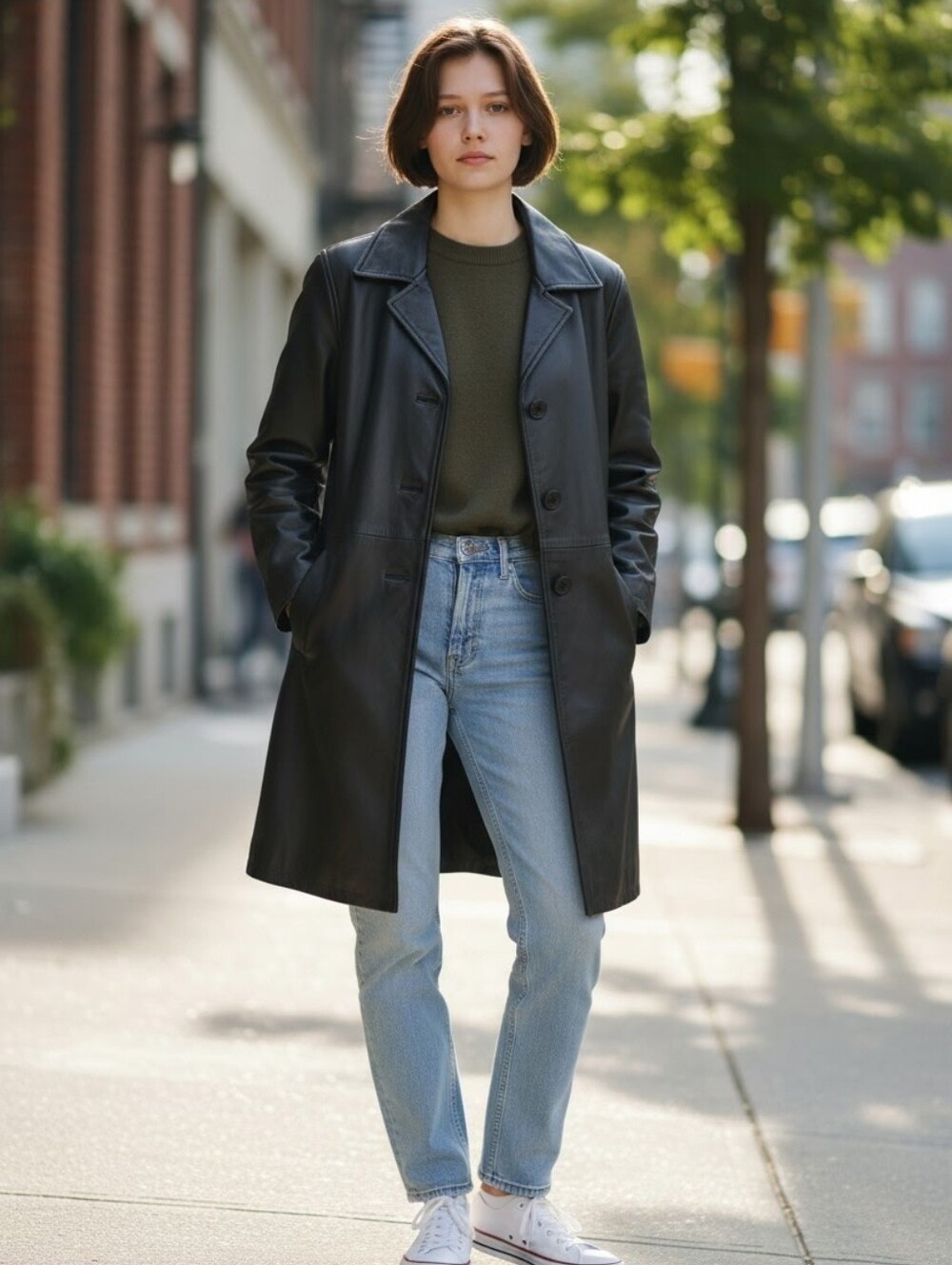 Classic Black Leather Coat - Women’s Long Leather Jacket (Slze: Large)